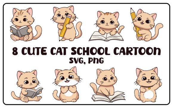 8 Cute Cat School Cartoon Graphics