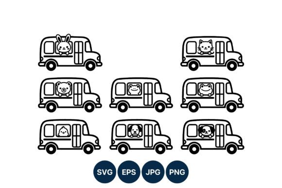 Cute Animals in School Bus Line Art for Crafts and Graphics