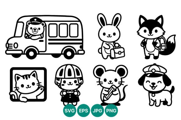 Cute Black White School Bus Animal Kids Graphics for Crafts & Branding