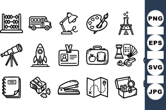 Hand Drawn School Supplies Icons for Graphics and Crafts