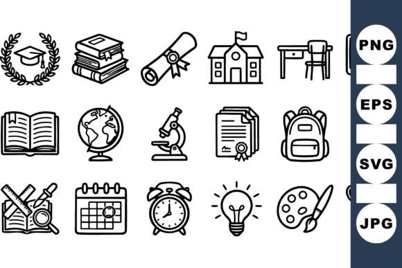 Line School Icons Vector Set: Graphics for Educational Crafts