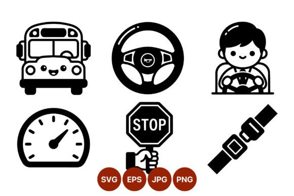 School Bus Driver Safety Vector Icons for Crafts and Graphics