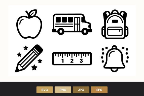 School Icon Set Black and White for Crafts and Graphics