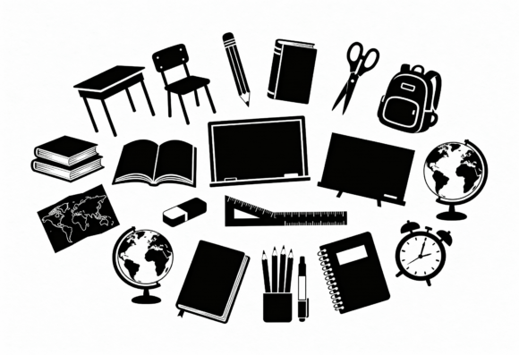 School Supplies Black Icons Vector for Crafts and Graphics