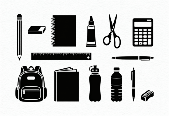 School Supplies Icon Set Black and White: Graphics for Crafts